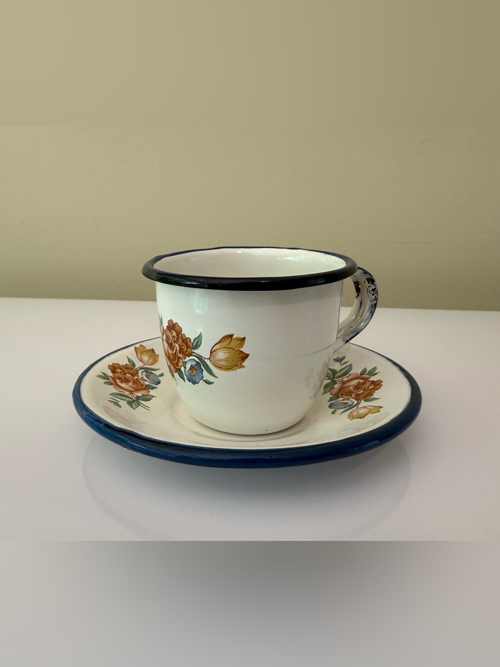 Vintage Tin Teacup with matching plate